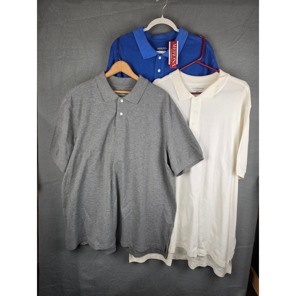 Lof of 3 Merona Croft & Barrow Polo Men XXL Blue White Grey Pique Jersey Casual